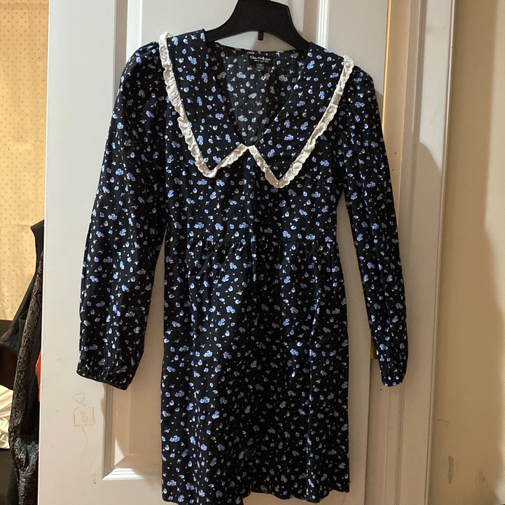 Blue floral mini dress with ruffle v neck collar
